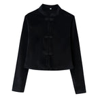 Women Cropped Tailored Jacket with Mandarin Collar and Decorative Toggle Closures Fashion Glam