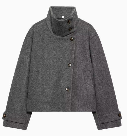 Women's 9800+ short boxy wool blend jacket with high funnel collar, asymmetrical button placket and adjustable cuffs Fashion Glam