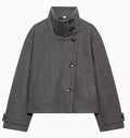 Women's 9800+ short boxy wool blend jacket with high funnel collar, asymmetrical button placket and adjustable cuffs Fashion Glam