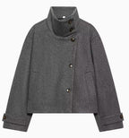 Women's 9800+ short boxy wool blend jacket with high funnel collar, asymmetrical button placket and adjustable cuffs Fashion Glam