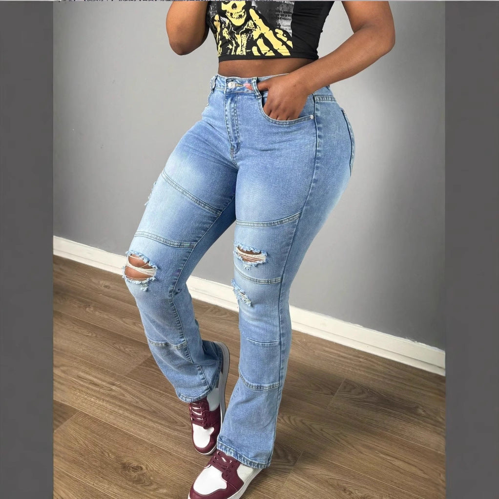 Women's jeans pants with high waist, straight leg, knee ribs and panel seams Fashion Glam