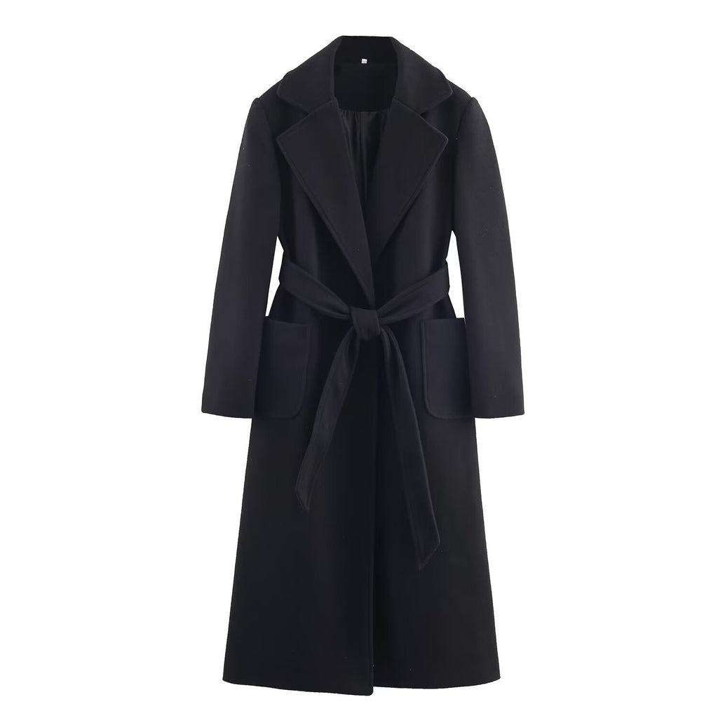 Women's wrap coat made of wool blend with belt at the waist and large patch pockets Fashion Glam