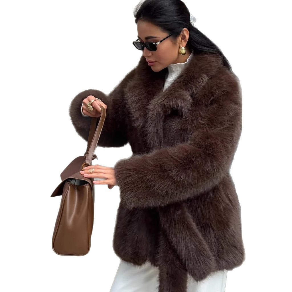 Women Boxy Short Coat made of extra fluffy high pile with wrap belt Fashion Glam