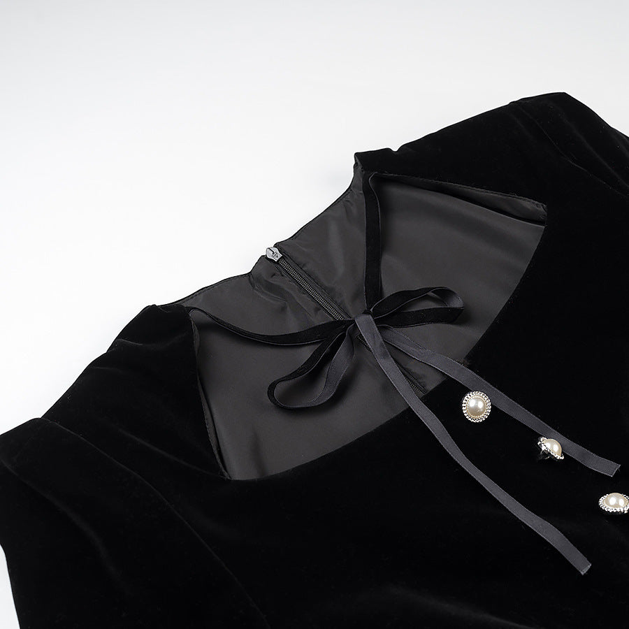 Women’s velvet dress with fitted bodice, puff sleeves, and layered ruffle skirt Fashion Glam
