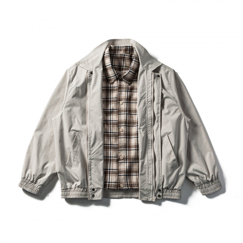 Men's Short Cut Boxy Transition Jacket with Checked Collar and Elastic Hem Fashion Glam