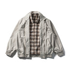 Men's Short Cut Boxy Transition Jacket with Checked Collar and Elastic Hem Fashion Glam