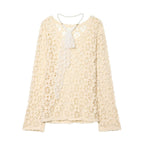 Women crocheted floral sweater with round neckline and lace pattern Fashion Glam