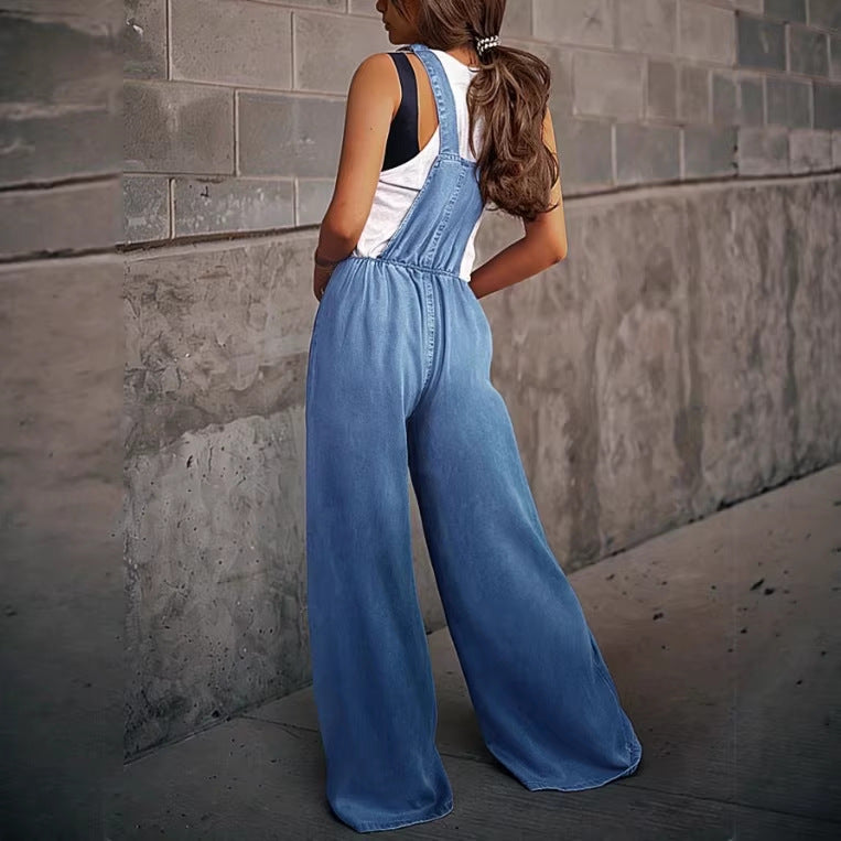 Women's Wide Denim Overall in Palazzo Cut with Adjustable Straps Fashion Glam