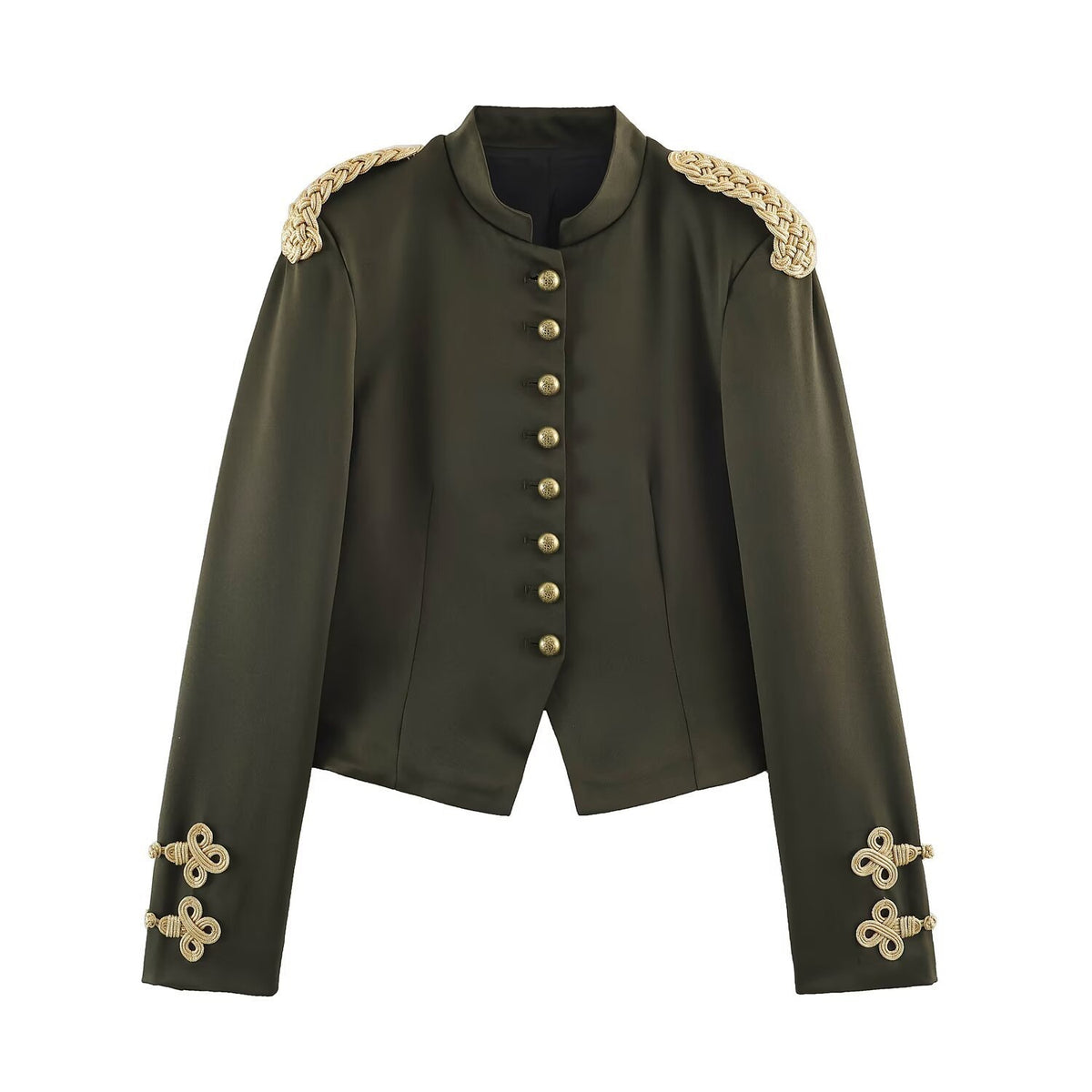 Women's Short Military Blazer with Braided Epaulettes and Decorative Knot Sleeves Fashion Glam