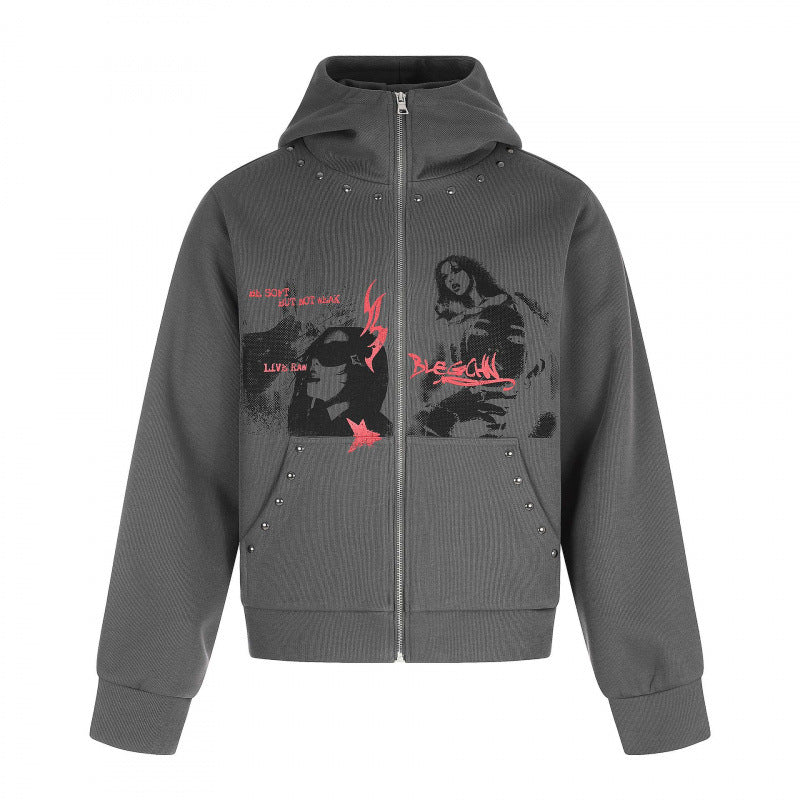 Unisex Oversize Hoodie Sweat Jacket with full zip, studded trim, and graphic front print Fashion Glam