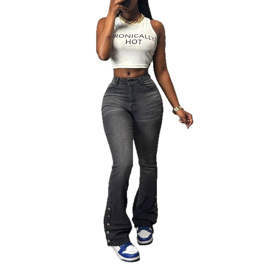 Women's high-waisted flared jeans with side button opening & sculpting fit Fashion Glam