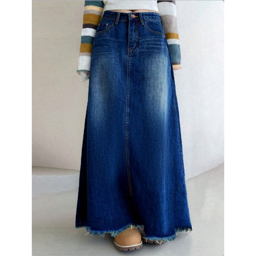 Women's Longer Vintage Jeans Skirt in A-Line Cut with High-Waisted Band and Frayed Hem Fashion Glam