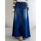 Women's Longer Vintage Jeans Skirt in A-Line Cut with High-Waisted Band and Frayed Hem Fashion Glam