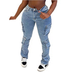 Women High-Cut Cargo Jeans with Multiple Flap Pockets and Frayed Hem Fashion Glam