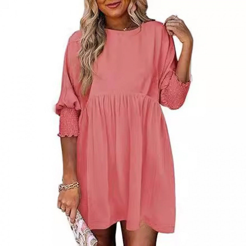 Women's Loose Babydoll Dress with Balloon Sleeves and Gathered Waist Fashion Glam