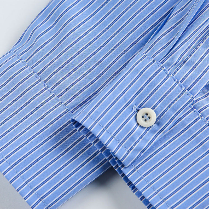Women's oversized shirt with fine pinstripes, chest pocket, and classic Kent collar Fashion Glam