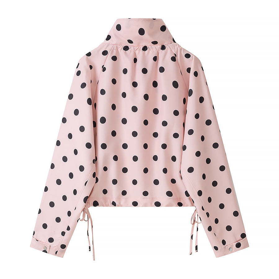 Women's Lightweight Polka Dot Wind Jacket with Stand-Up Collar and Drawstring Fashion Glam