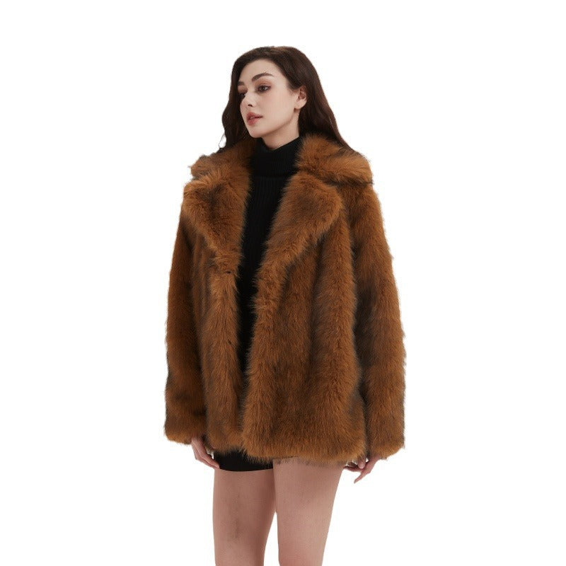 Ladies Boxy Short Coat made of dense long-fiber synthetic fur with open front Fashion Glam