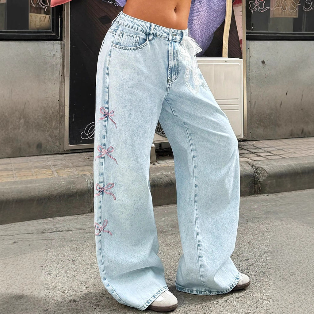Ladies wide high-waist denim jeans with lace band belt and flared leg Fashion Glam