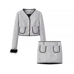 Ladies Elegant Bouclé-Tweed Two-Piece with Tailored Short Blazer, Mini Skirt, Piping Details and Feathery Cuffs Fashion Glam