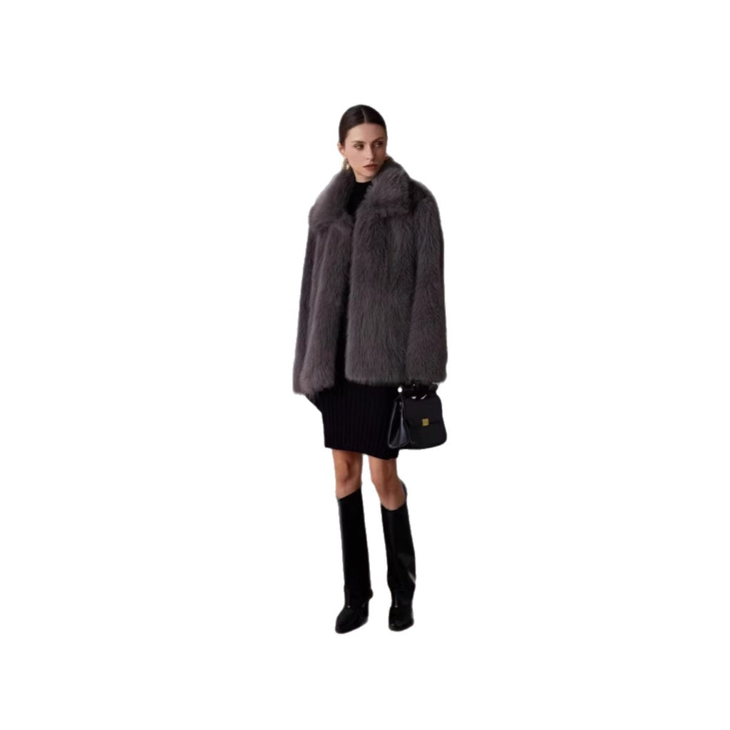 Ladies Boxy Short Faux Fur Coat with Extra Voluminous Shawl Collar Fashion Glam