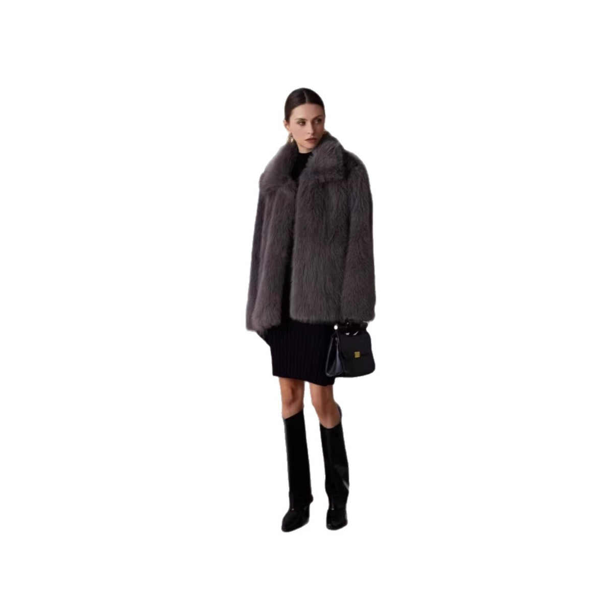 Ladies Boxy Short Faux Fur Coat with Extra Voluminous Shawl Collar Fashion Glam