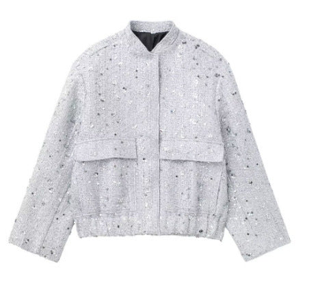 Women's embellished bouclé bomber jacket with sequins and rhinestones Fashion Glam