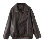 Women's Oversized Faux Leather Bomber Jacket with Asymmetrical Zipper and Waistband Fashion Glam