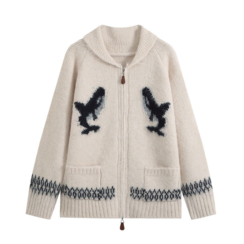 Women’s cardigan with zipper, shawl collar and whale intarsia Fashion Glam