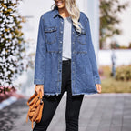 Women's tailored longline denim jacket with gathered waist, snap-button placket & frayed hem Fashion Glam
