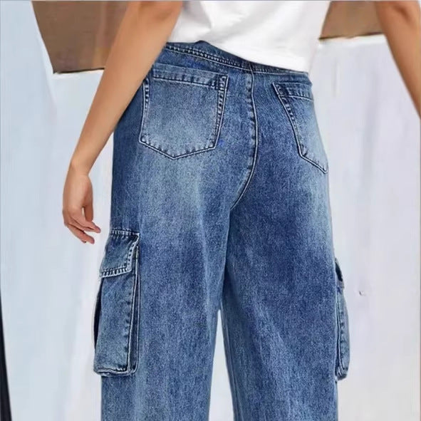 Women's high-waisted wide cargo denim pants in palazzo style with patch side pockets Fashion Glam