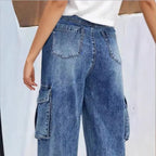 Women's high-waisted wide cargo denim pants in palazzo style with patch side pockets Fashion Glam