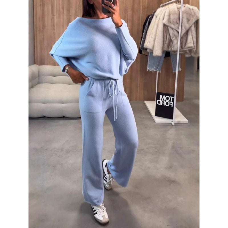 Women's Knit Loungewear Set with Oversized Shoulder, Wide Leg and Drawstring Fashion Glam