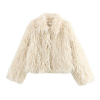 Women short cut shaggy faux fur jacket with voluminous shawl collar Fashion Glam