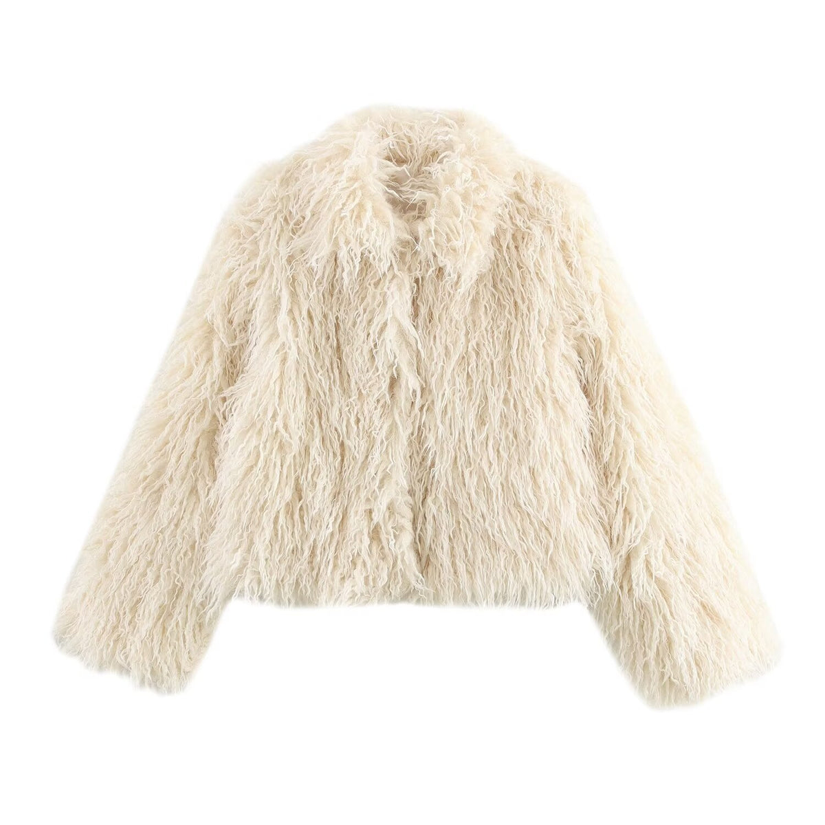 Women short cut shaggy faux fur jacket with voluminous shawl collar Fashion Glam