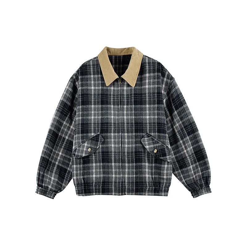 Unisex Checkered Boxy Over Shirt Jacket with Corduroy Collar, Concealed Zipper and Patch Flap Pockets Fashion Glam