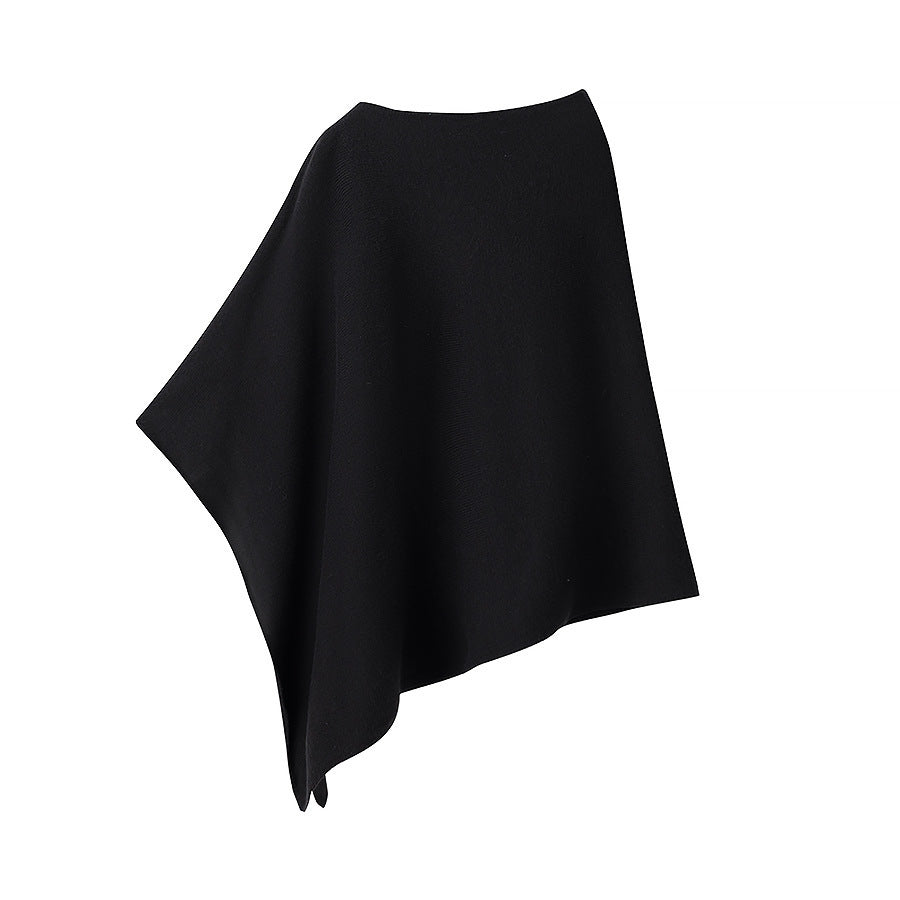 Women Fine Knit Poncho with Asymmetrical Hem and Wide Boat Neck Fashion Glam