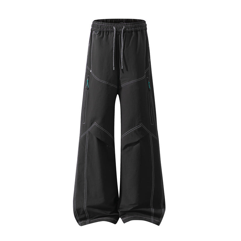 Men's Wide Cargo Pants with Drawstring Waistband, Utility Seams and Zip Pockets Fashion Glam