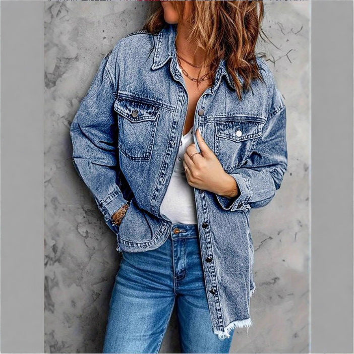 Women's Oversized Denim Jacket with Flap Pockets, Used Look and Raw Hem Fashion Glam