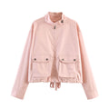 Women Lightweight cropped leisure blouson jacket with stand-up collar, drawstring and large flap pockets Fashion Glam