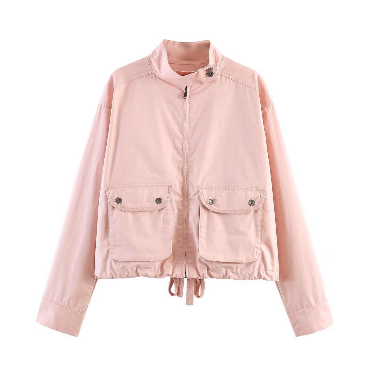 Women Lightweight cropped leisure blouson jacket with stand-up collar, drawstring and large flap pockets Fashion Glam
