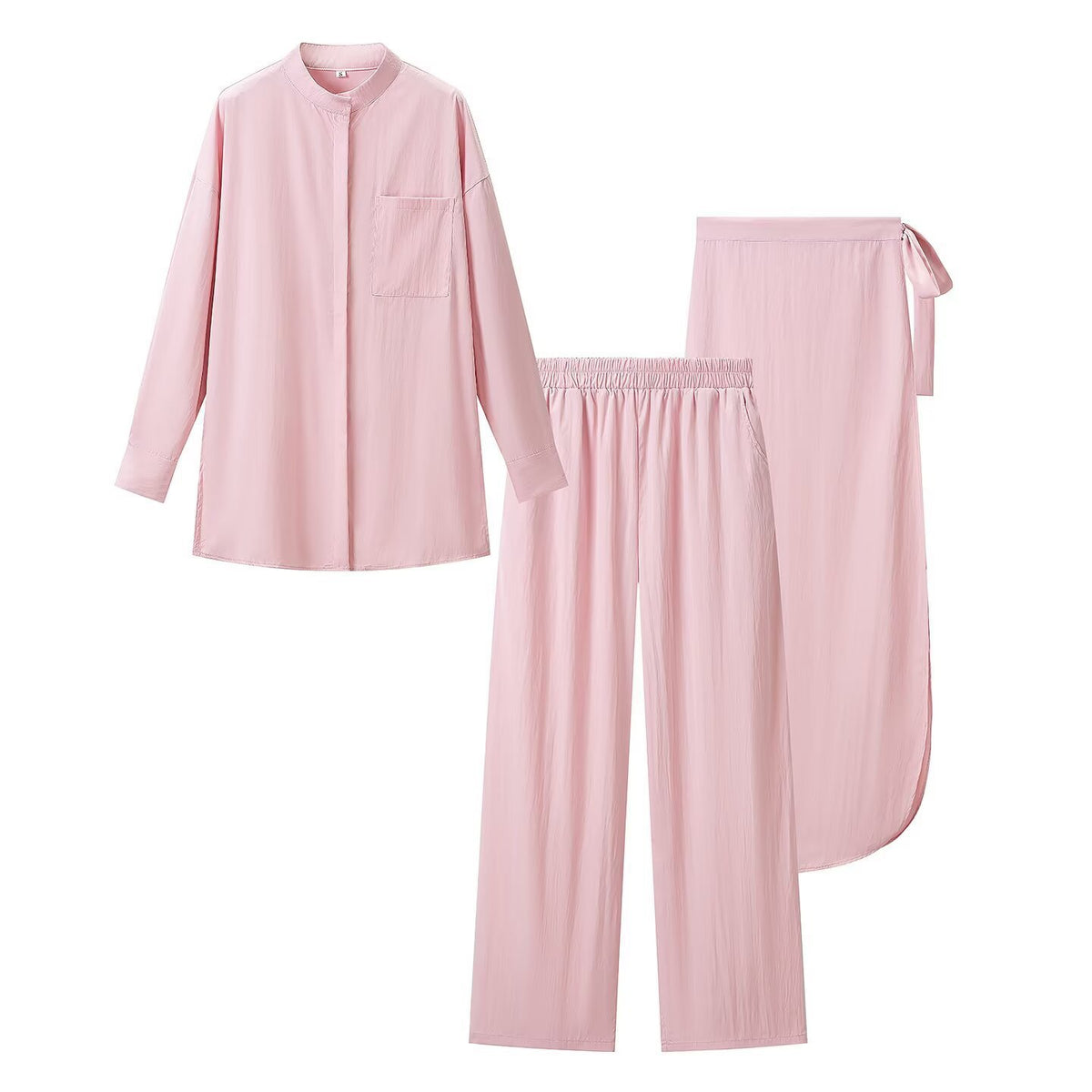 Women's Three-Piece Loungewear Set with Stand-Up Collar Shirt, Elastic Palazzo Pants and Wrap Skirt Fashion Glam