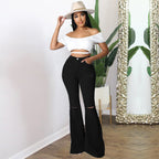 Women's high-waisted flared pants made of stretch denim with knee rips and shaping waistband Fashion Glam