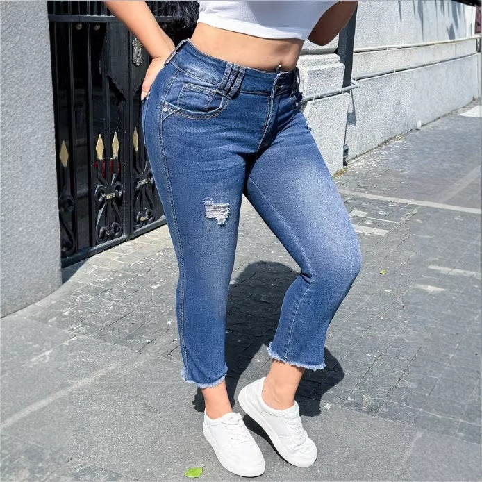 Women's High-Waisted Cropped Skinny Jeans made of Superstretch Denim with Double Button Placket and Raw Fringe Hem Fashion Glam