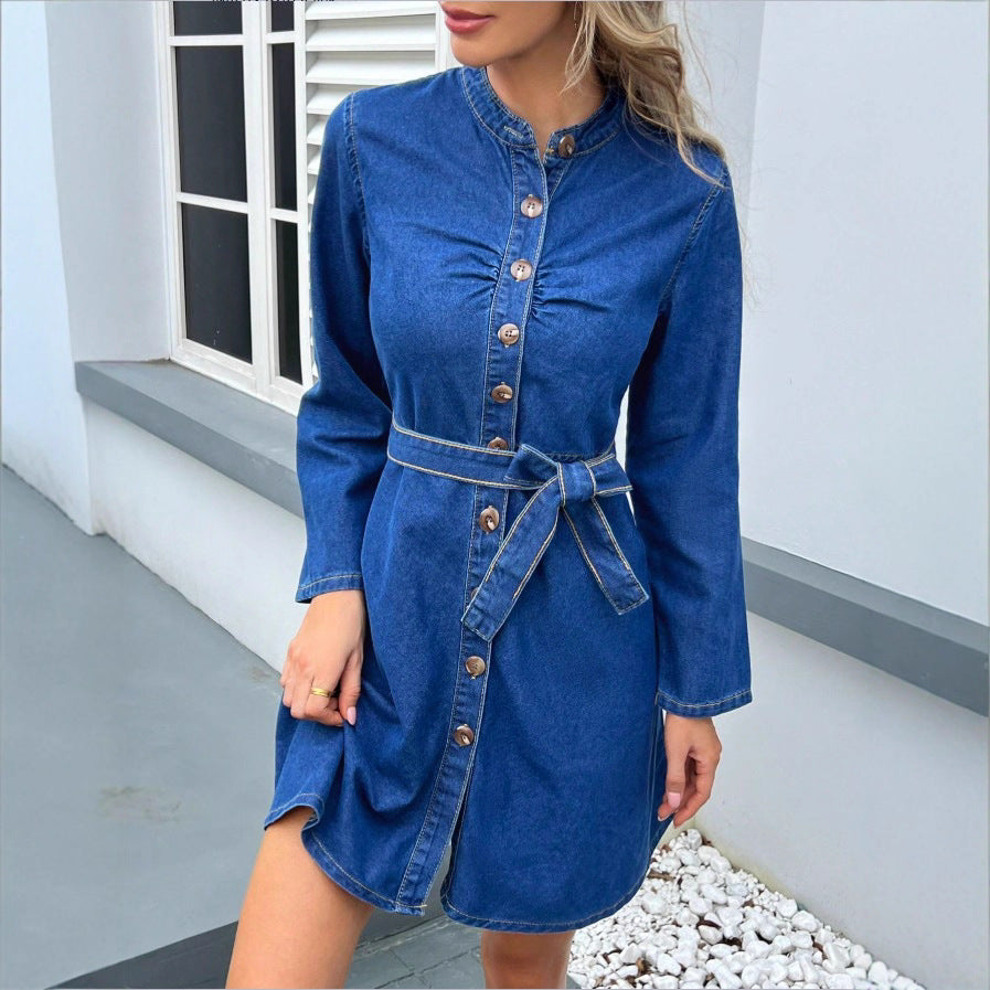 Women's Tailored Denim Dress with Button Placket and Tie Belt Fashion Glam