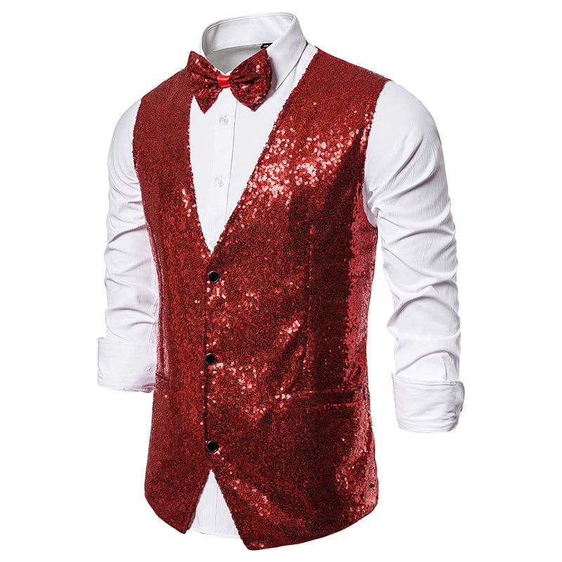 Men's Glittering Festive Vest with Matching Bow Tie Fashion Glam