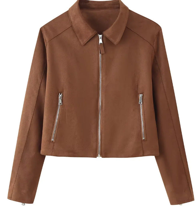 Women's Cropped Suede Jacket with Shirt Collar, Full Metal Zipper and Zipper Pockets Fashion Glam