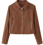 Women's Cropped Suede Jacket with Shirt Collar, Full Metal Zipper and Zipper Pockets Fashion Glam