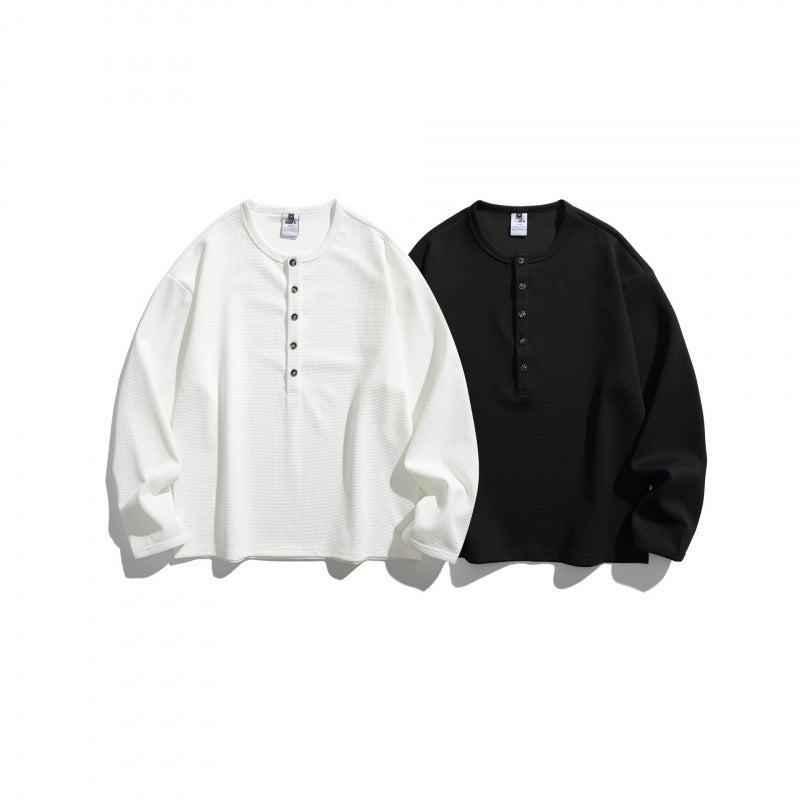 Unisex waffle texture Henley shirt with button placket and oversized fit Fashion Glam