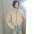 Ladies short jacket with high stand-up collar, elastic waistband and concealed snap button placket Fashion Glam